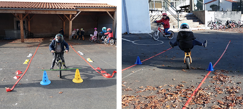 Se déplacer vélo à la main, s’arrêter sur une ligne ou trouver l’équilibre en pleine vitesse font partie des compétences travaillées.
