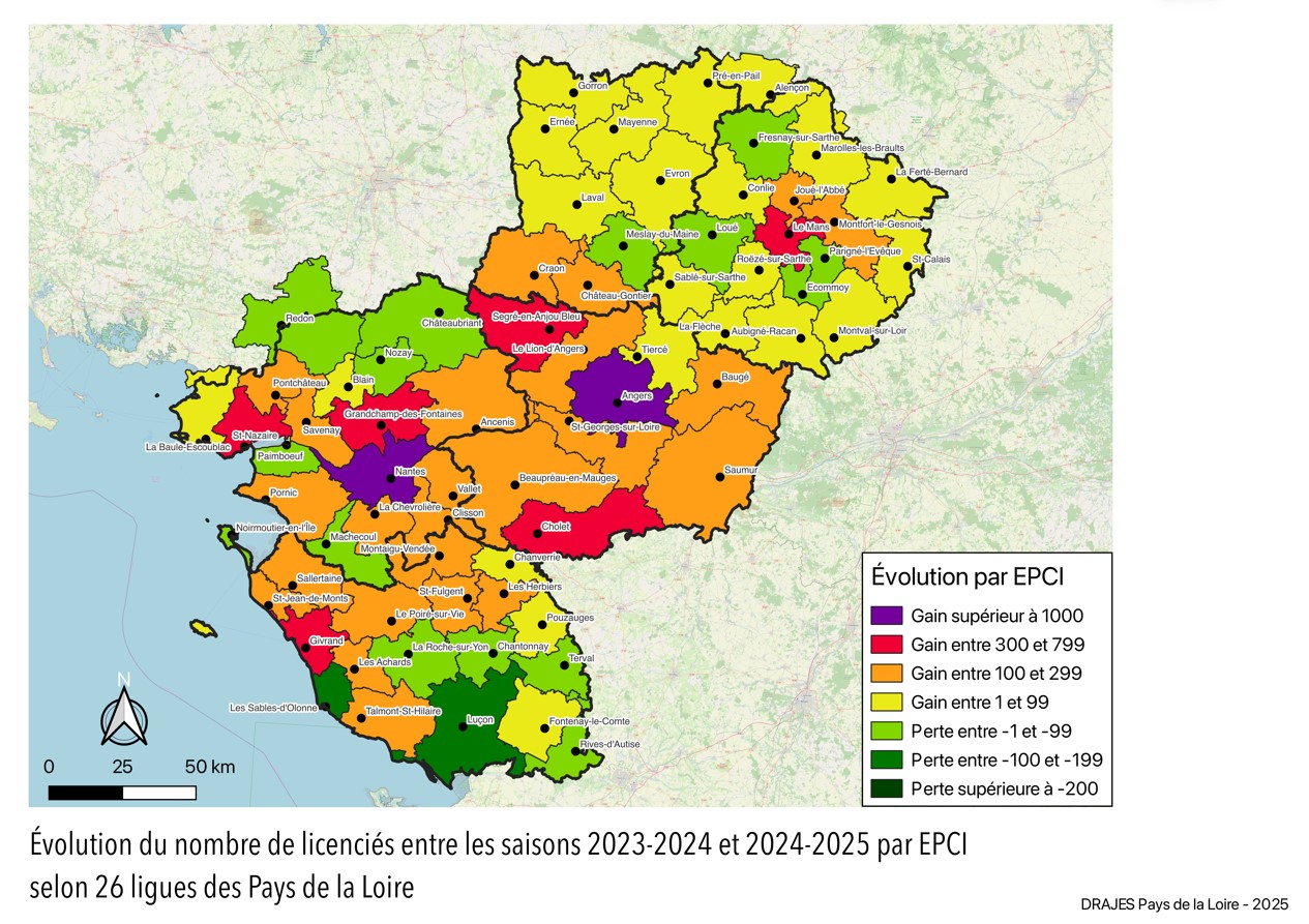 Cartographie "Effets JOP sur les licences sportives" - Par EPCI pour 26 ligues des Pays de la Loire