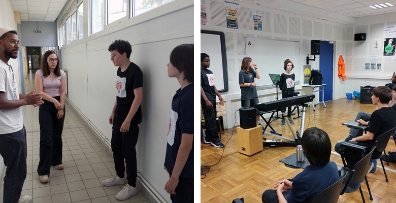 Efaybee revoit avec les collégiens les éléments de beatbox qu’ils ont créés.