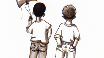 enfants de dos, le premier tient un ballon en forme d'étoile style vieux dessin au crayon