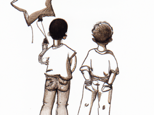 enfants de dos, le premier tient un ballon en forme d'étoile style vieux dessin au crayon