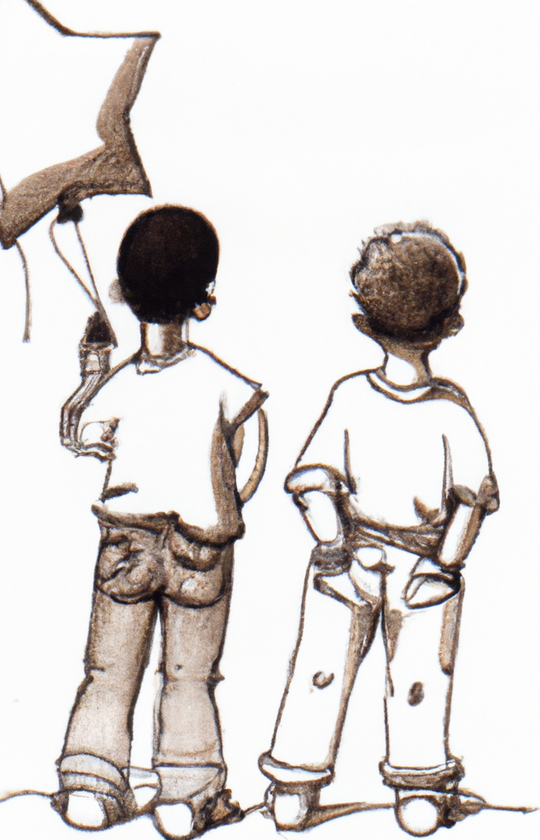 enfants de dos, le premier tient un ballon en forme d'étoile style vieux dessin au crayon
